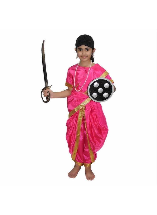Kaku Fancy Dresses Silk & Polyester National Hero Jhasi Ki Rani Fancy Dress For Girls | Freedom Fighter Rani Laxmi Bai Costume For Independence Day & Republic Day -Magenta, 3-4 Years, For Girls
