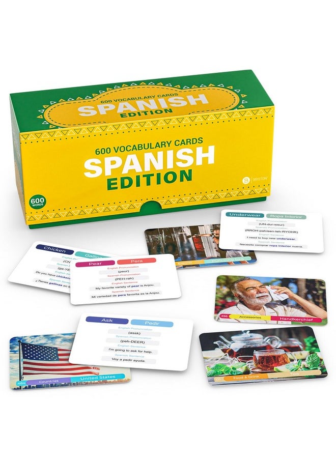 Spanish Vocabulary Flash Cards - 600 Full Color Cards [Updated 2024 Edition] Educational Language Learning Resource - Memory & Sight Words - Game Like Play - Kids, Grade School, Classroom, Homeschool