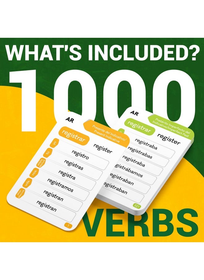 Spanish Verb Conjugation Flash Cards with 9 Tenses (1,000 Verbs 500 Cards) Educational Language Learning Resource for Memory & Sight Words - Fun Game Play - Kids, Grade School, Classroom or Homeschool