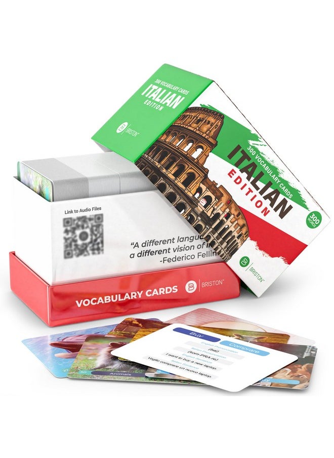 Italian Vocabulary 300 Flash Cards - Beginner Vocab with Pictures - Memory & Sight Words - Educational Language Learning - Game Like Play - Kids, Grade School, Classroom, Homeschool - Briston Brand