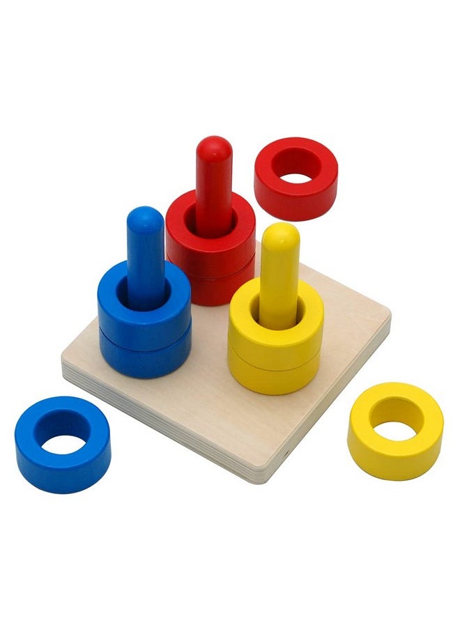 Elite Montessori 3 Wooden Colored Discs on Colored Dowels for 6+ Months, 1 Year Old Baby, Brain Development and Eye Hand Coordination Activities