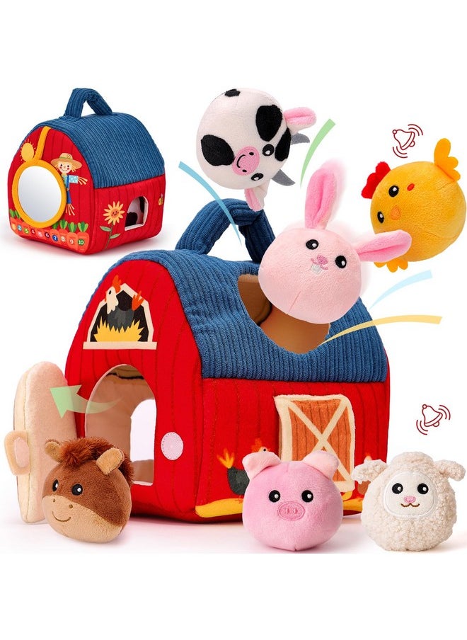 hahaland Baby Toys 6-12 Months - Surprise Barn with Stuffed Farm Animals, Rattle, Crinkle Paper, Mirror - Busy Montessori Toys for Babies, Sensory Toys for Toddlers 1-3 - Baby Stocking Stuffers Gifts