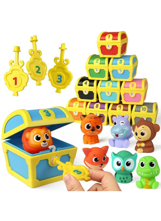 Coogam Fine Motor Skill Toys for Toddlers, 10pcs Surprise Animals Finger Puppets Treasure with Number Locks, Matching Color Sorting Pirate Hunt Game, Learning Montessori Gift for 3 4 5 Year Old