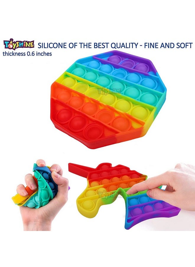 Toyshine Pack of 3- Unicorn, OCTAGONE, Circle- Fidget Popping Sounds Toy, BPA Free Silicone, Push Bubbles Toy for Autism Stress Reliever, Sensory Toy- Dark Color Pop It Toy