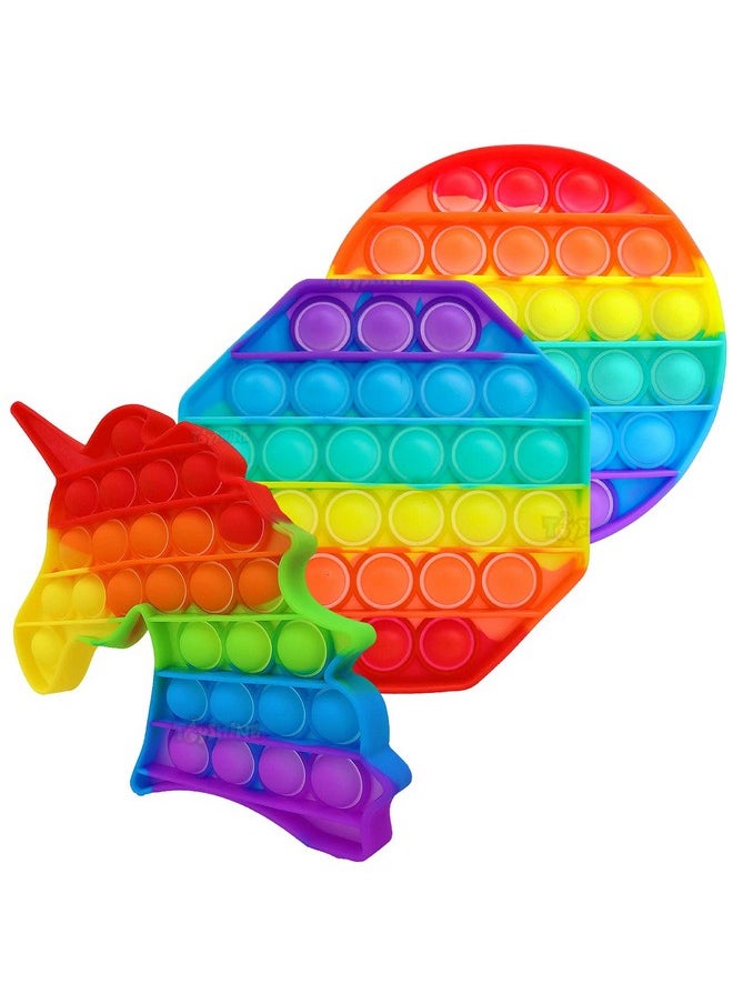 Toyshine Pack of 3- Unicorn, OCTAGONE, Circle- Fidget Popping Sounds Toy, BPA Free Silicone, Push Bubbles Toy for Autism Stress Reliever, Sensory Toy- Dark Color Pop It Toy