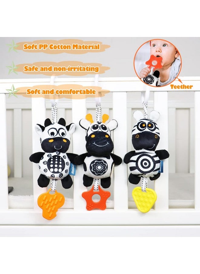 KAKIBLIN 3 Pack Hanging Rattle Toys, High Contrast Baby Hanging Toys and Plush Stroller Toys for Babies 0-18 Months,Newborn Car Seat Toys with Black and White Cartoon Shapes (21CM, Zebra,Deer&Cow)