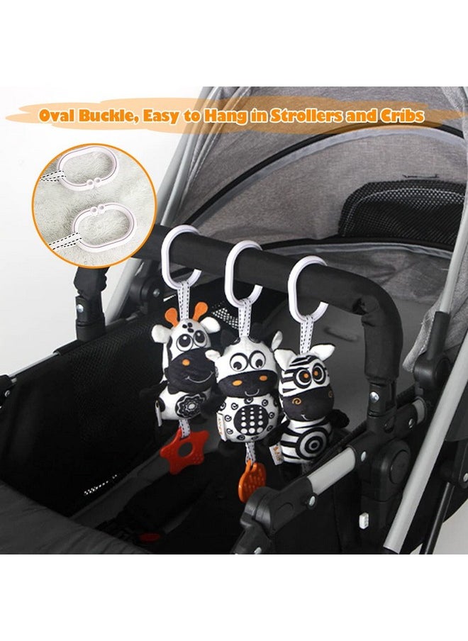 KAKIBLIN 3 Pack Hanging Rattle Toys, High Contrast Baby Hanging Toys and Plush Stroller Toys for Babies 0-18 Months,Newborn Car Seat Toys with Black and White Cartoon Shapes (21CM, Zebra,Deer&Cow)