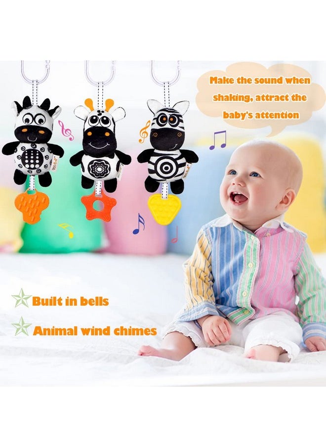 KAKIBLIN 3 Pack Hanging Rattle Toys, High Contrast Baby Hanging Toys and Plush Stroller Toys for Babies 0-18 Months,Newborn Car Seat Toys with Black and White Cartoon Shapes (21CM, Zebra,Deer&Cow)