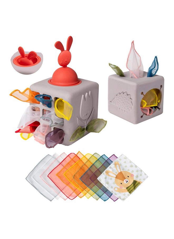 Taf Toys Baby Tissue Box Montessori Toys for Babies - Sensory & Motor Skills Development Silicone Toy with 10 Fabric Tissues, Pop-Up Bunny, Toys for 1 Year Old Boy Girl Preschool Toy