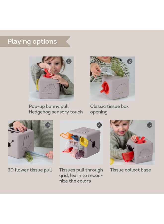 Taf Toys Baby Tissue Box Montessori Toys for Babies - Sensory & Motor Skills Development Silicone Toy with 10 Fabric Tissues, Pop-Up Bunny, Toys for 1 Year Old Boy Girl Preschool Toy