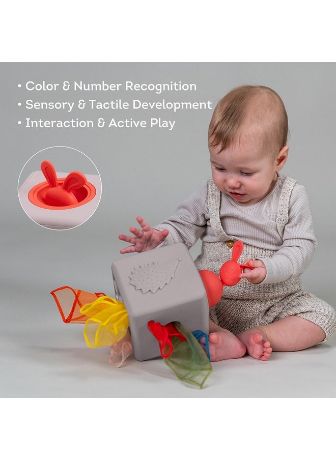 Taf Toys Baby Tissue Box Montessori Toys for Babies - Sensory & Motor Skills Development Silicone Toy with 10 Fabric Tissues, Pop-Up Bunny, Toys for 1 Year Old Boy Girl Preschool Toy
