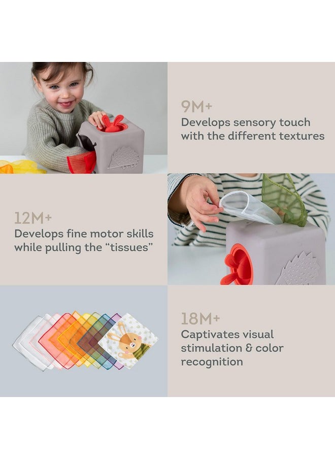 Taf Toys Baby Tissue Box Montessori Toys for Babies - Sensory & Motor Skills Development Silicone Toy with 10 Fabric Tissues, Pop-Up Bunny, Toys for 1 Year Old Boy Girl Preschool Toy
