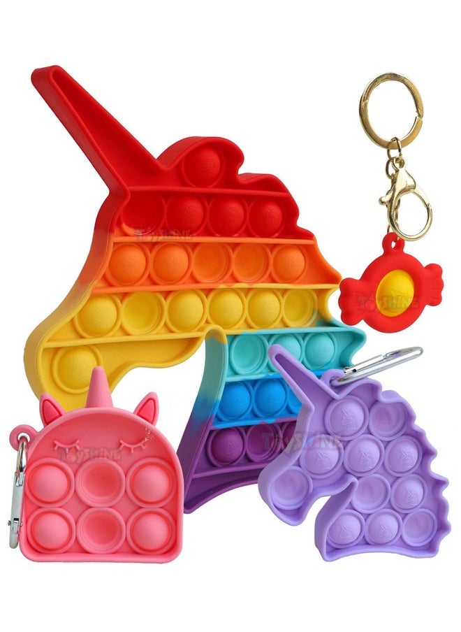Toyshine Pack of 4- Big Unicorn, Dearmy Unicorn, Purple Unicorn, Bubble Key Ring- Fidget Popping Sounds Toy, BPA Free Silicone, Push Bubbles Toy for Autism Stress Reliever, Sensory Toy Pop It Toys