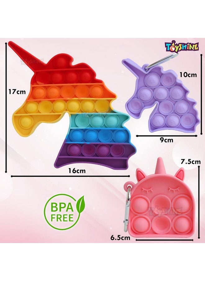 Toyshine Pack of 4- Big Unicorn, Dearmy Unicorn, Purple Unicorn, Bubble Key Ring- Fidget Popping Sounds Toy, BPA Free Silicone, Push Bubbles Toy for Autism Stress Reliever, Sensory Toy Pop It Toys