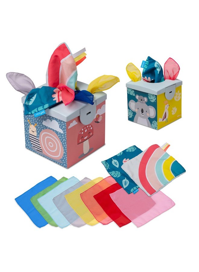 Taf Toys Sensory Crinkle Tissue Box for Toddlers. STEM Montessori Toy with Colorful Soft Scarves and Crinkling Blankies