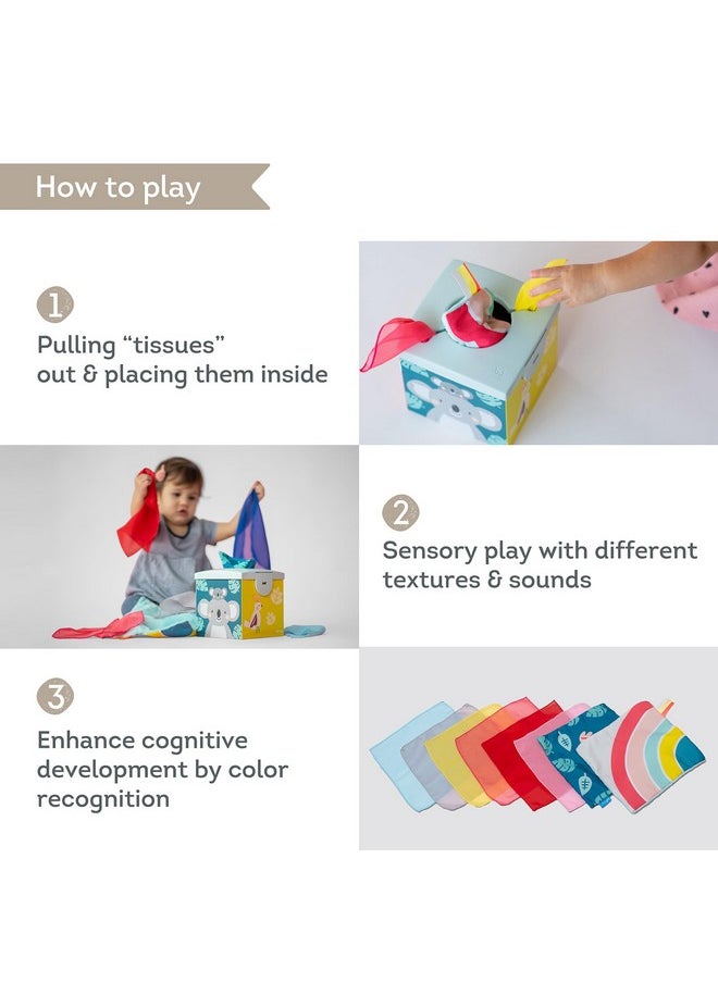 Taf Toys Sensory Crinkle Tissue Box for Toddlers. STEM Montessori Toy with Colorful Soft Scarves and Crinkling Blankies