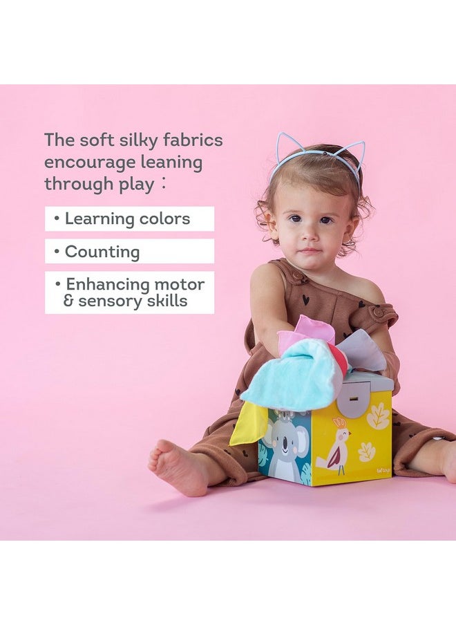Taf Toys Sensory Crinkle Tissue Box for Toddlers. STEM Montessori Toy with Colorful Soft Scarves and Crinkling Blankies