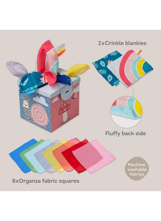 Taf Toys Sensory Crinkle Tissue Box for Toddlers. STEM Montessori Toy with Colorful Soft Scarves and Crinkling Blankies