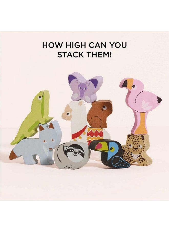 Le Toy Van - Wooden Toys - Andes Stacking & Bag - Petilou Forest Building Blocks Stacker & Bag Educational Balancing Activity Toy - Wooden Blocks Tropical Animal Toys - Kids Toys Age 18 Months +