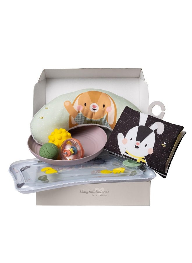 Taf Toys Baby Tummy Time Kit - High Contrast Black and White Crinkle Book, Tummy Time Support Pillow, Baby Activity Water Mat, Sensory Balls, Plate - Newborn Infant Tummy Time Sensory Toy Set 0 Month