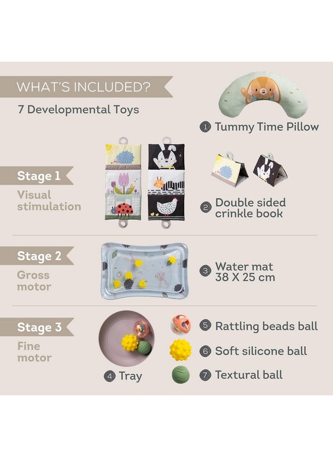 Taf Toys Baby Tummy Time Kit - High Contrast Black and White Crinkle Book, Tummy Time Support Pillow, Baby Activity Water Mat, Sensory Balls, Plate - Newborn Infant Tummy Time Sensory Toy Set 0 Month