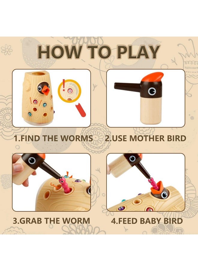 TOP BRIGHT Montessori Toys for 2 Year Old Girl and Boy, Fine Motor Skills Toddler Toys Age 2-4, Woodpecker Worm Toy Magnetic Bird Feeding Game