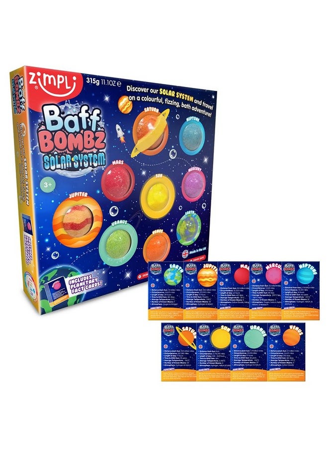 Zimpli 9 x Solar System Bath Bombs Gift Set, 9 x Planetary Fact Cards, Educational Planet Bath Bombs for Children, Science Kits for Boys & Girls, Bath Toy Birthday Presents