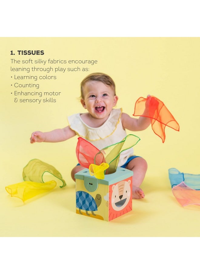 Taf Toys Sensory Baby Tissue Box, Object Permanence Box, Imaginary Play for Infants & Toddlers, Montessori Square Sensory Toys Colorful Pull Scarves, Play Balls & Cards Educational Preschool Learning