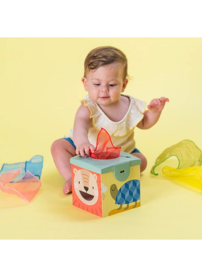 Taf Toys Sensory Baby Tissue Box, Object Permanence Box, Imaginary Play for Infants & Toddlers, Montessori Square Sensory Toys Colorful Pull Scarves, Play Balls & Cards Educational Preschool Learning