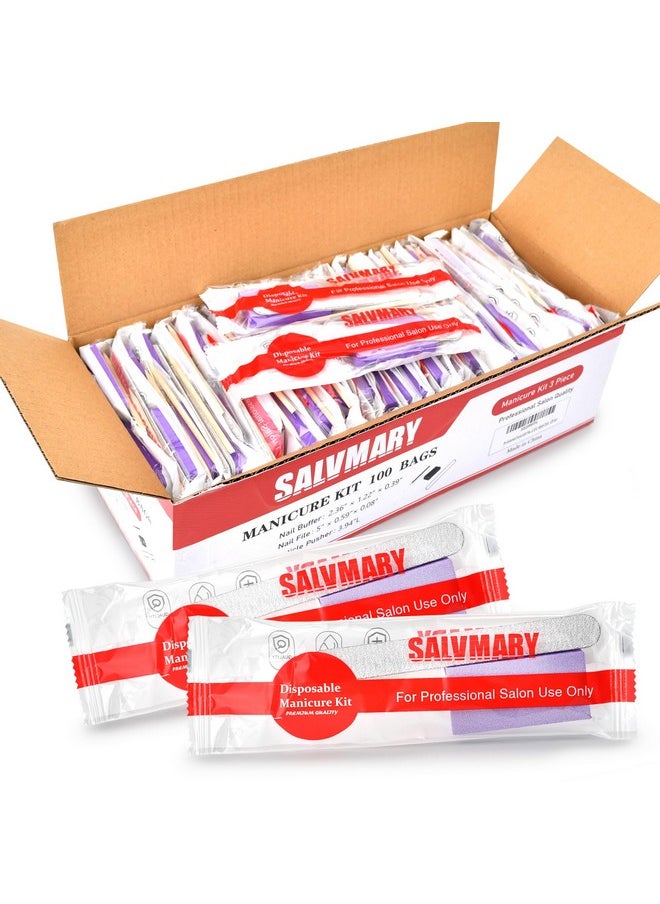 Professional Disposable Manicure Kit Basics 3 Piece Nail Kit, Wood Nail File 100/180 Grit, Mini Buffer 80/100 Grit, Wood Stick, 100 Set