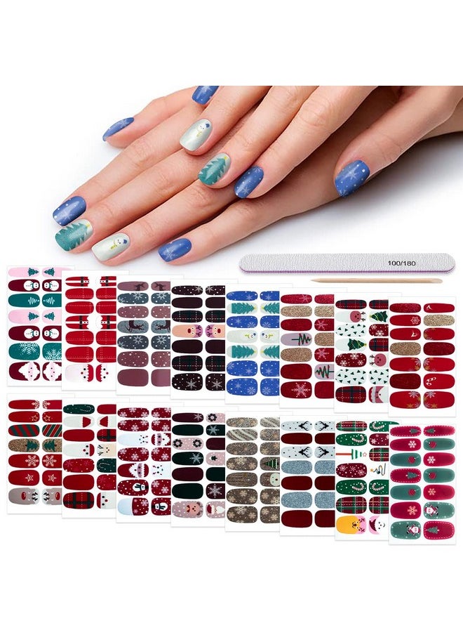 DANNEASY 224 Pieces 16 Sheets Christmas Nail Stickers Full Nail Wraps Nail Polish Strips Adhesive Nail Art Stickers for Women with Nail File, Cuticle Stick(Classic Series)