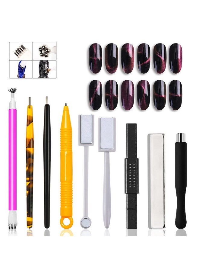 JERCLITY 9 Pieces Cat Eye Magnet for Nails Double-head Flower Design Nail Magnet Pens Magnet Stick Multi-Function Magnet Board 3D Magnetic for Cat Eye Gel Polish DIY Nail Art