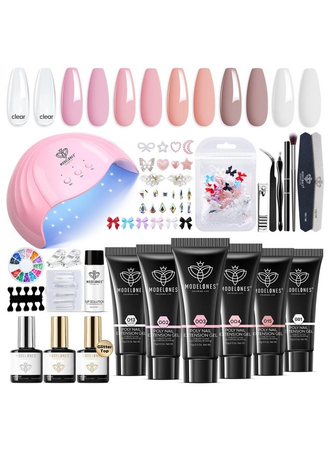 Modelones Poly Nail Gel Kit, 6 Colors Poly Extension Gel Clear Pink White with 48W Nail Lamp 3D Nail Charms Builder Slip Solution Complete Toe Nail Kit Supplies for Starter