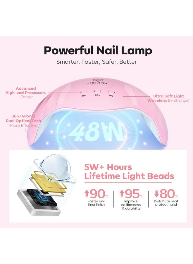 Modelones Poly Nail Gel Kit, 6 Colors Poly Extension Gel Clear Pink White with 48W Nail Lamp 3D Nail Charms Builder Slip Solution Complete Toe Nail Kit Supplies for Starter