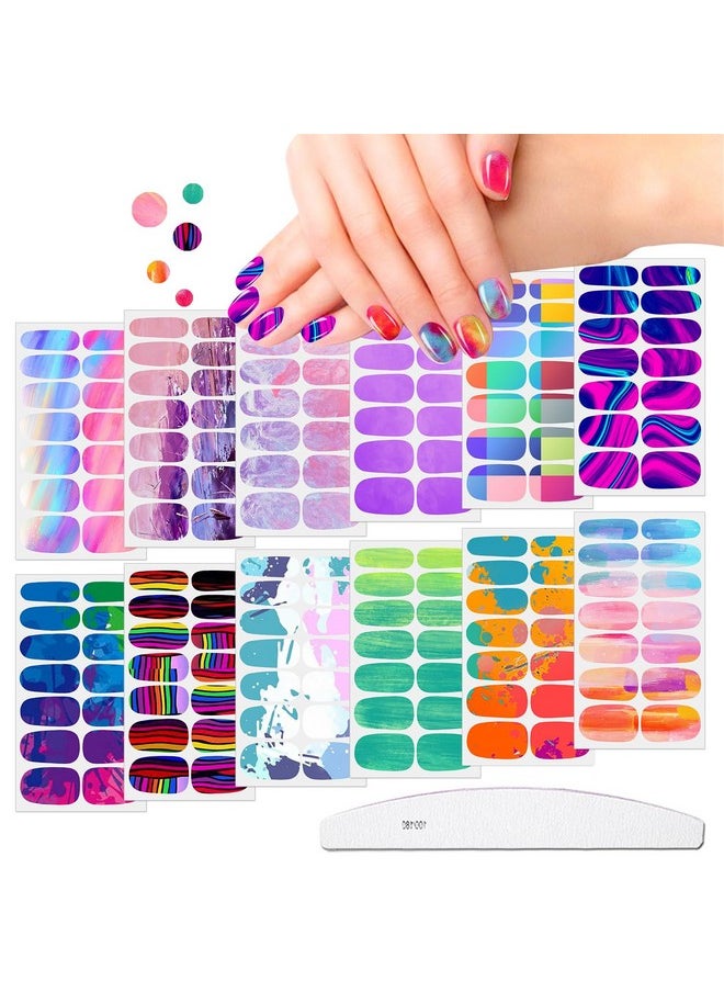 JERCLITY 12 Sheets Aurora Gradient Color Nail Polish Strips with Nail File Self-Adhesive Graffiti Cloud Rainbow Nail Stickers Full Nail Wraps for Women Kids Nail Strips Manicure Kit for DIY Nail Art