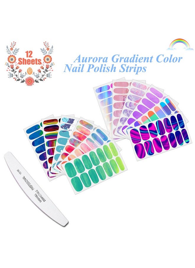 JERCLITY 12 Sheets Aurora Gradient Color Nail Polish Strips with Nail File Self-Adhesive Graffiti Cloud Rainbow Nail Stickers Full Nail Wraps for Women Kids Nail Strips Manicure Kit for DIY Nail Art