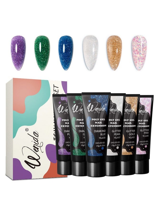 Nail Extension Gel Kit Wenida Reflective Holographic Glitter 6 Colors Diamond Nail Builder Gel Nail Enhancement Gel Set for Home DIY Nail Manicure Art