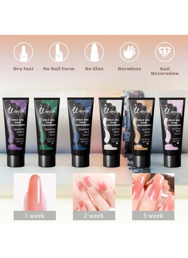 Nail Extension Gel Kit Wenida Reflective Holographic Glitter 6 Colors Diamond Nail Builder Gel Nail Enhancement Gel Set for Home DIY Nail Manicure Art