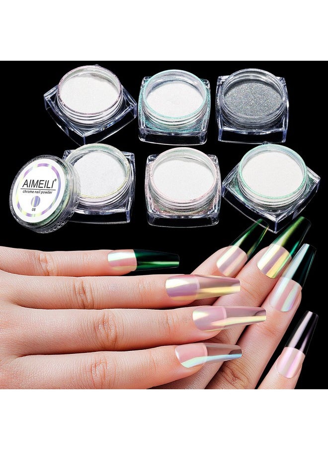 AIMEILI Pearl Chrome Nail Powder 6 Boxes Nail Art Manicure Powder Set, 1×0.5g Holographic Powder, 5×0.5g Chrome Nail Powder
