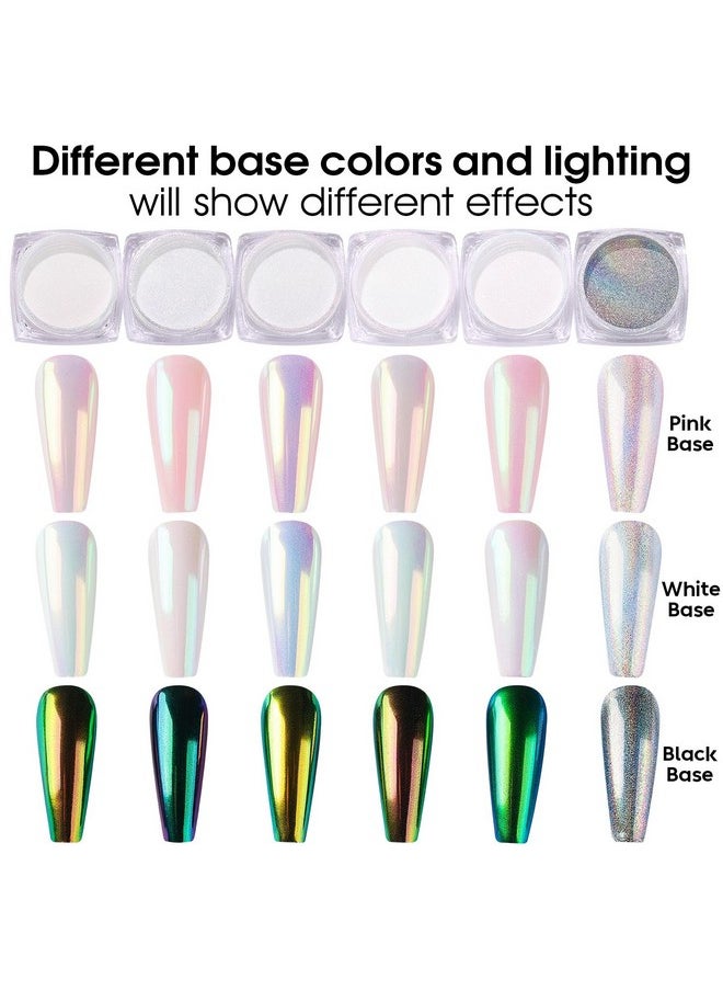 AIMEILI Pearl Chrome Nail Powder 6 Boxes Nail Art Manicure Powder Set, 1×0.5g Holographic Powder, 5×0.5g Chrome Nail Powder