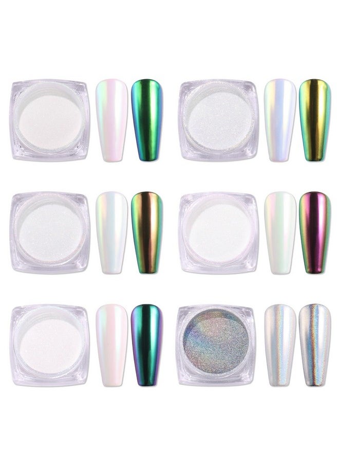 AIMEILI Pearl Chrome Nail Powder 6 Boxes Nail Art Manicure Powder Set, 1×0.5g Holographic Powder, 5×0.5g Chrome Nail Powder