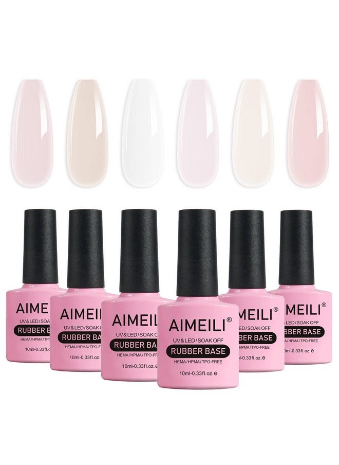 AIMEILI Hema Free Rubber Base Gel For Nails, Soak Off U V LED Clear Sheer Gel Nail Polish, 4 in 1 Nail Strengthen/Enhance/Base Coat/Color Gel Polish Set Of 6pcs X 10ml - Kit 44