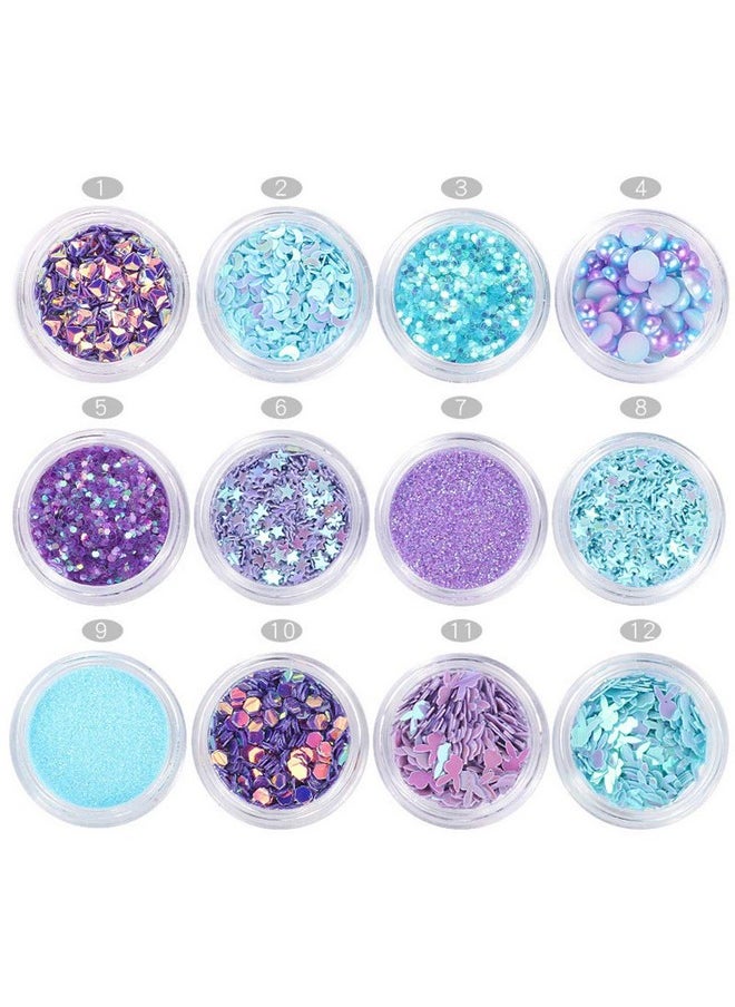 Yeslady Nail Art Flakes 3D Shiny Acrylic Glitter Sequin Decoration Sparkles DIY Charms Mermaid Pearl 12 Pots