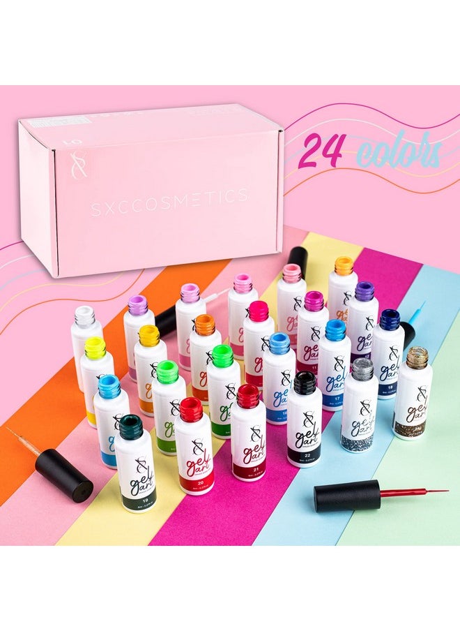 SXC Cosmetics 24-Color Gel Liner Set for Nail Art - With Built-in Thin Brush for Swirl Nail Designs and Soak-Off Gel Polish