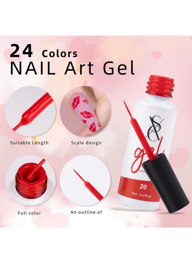 SXC Cosmetics 24-Color Gel Liner Set for Nail Art - With Built-in Thin Brush for Swirl Nail Designs and Soak-Off Gel Polish