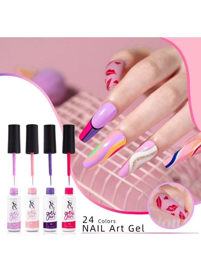 SXC Cosmetics 24-Color Gel Liner Set for Nail Art - With Built-in Thin Brush for Swirl Nail Designs and Soak-Off Gel Polish