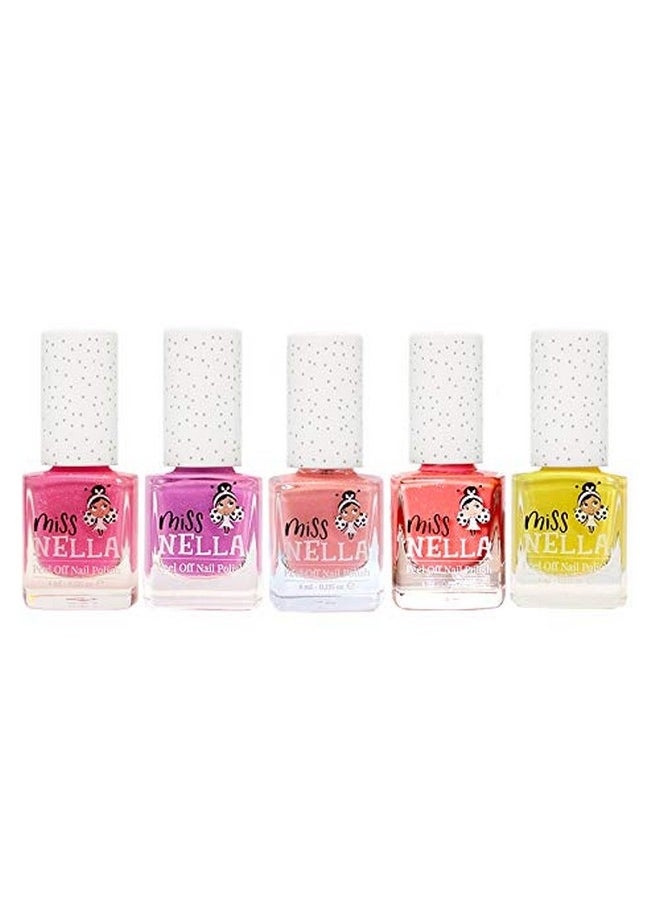 MISS NELLA SUMMER SPARKLE 5 Varnish set- Watermelon- pink, Blueberry- purple, Marshmallow -coral, Peach, Banana- Yellow, Peel Off kids Nail Polish