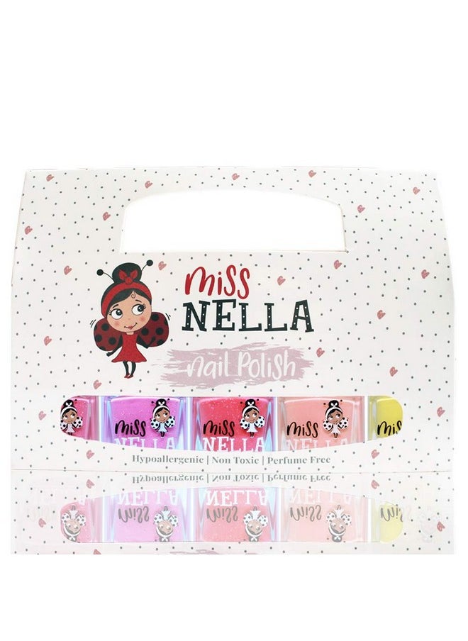 MISS NELLA SUMMER SPARKLE 5 Varnish set- Watermelon- pink, Blueberry- purple, Marshmallow -coral, Peach, Banana- Yellow, Peel Off kids Nail Polish