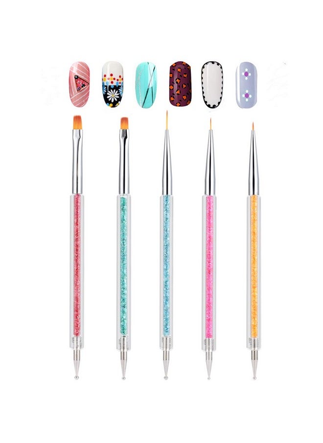 TEOYALL Double-Ended Nail Art Brushes, 5 PCS Nail Design Tools Kit Including Nail Liner Brush and Nail Dotting Pens for UV Gel Nail Home Salon