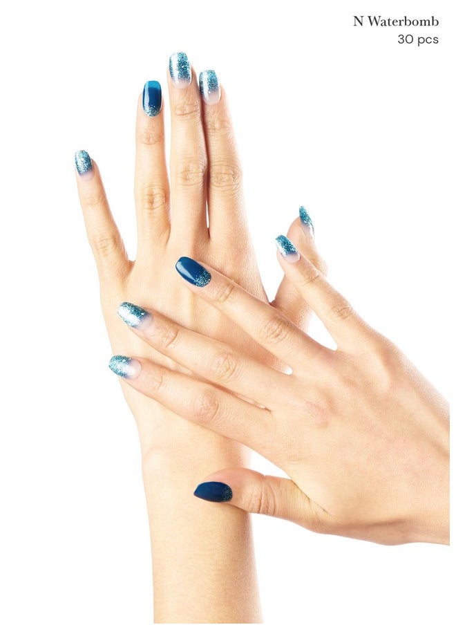 ohora Semi Cured Gel Nail Strips (N Waterbomb) - Blue, Glitter, Works with Any UV/LED Nail Lamps, Salon-Quality, Long Lasting, Easy to Apply & Remove - Includes 2 Prep Pads, Nail File & Wooden Stick